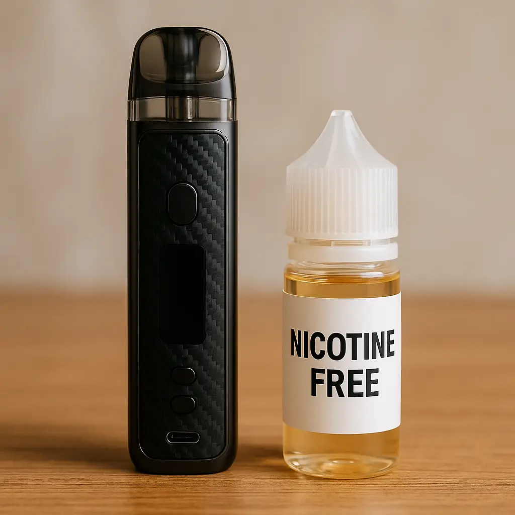 Are Nicotine-Free Vapes Safe? The Real Truth About 0% Nicotine Vaping 4 Nicotine-free vape beside a traditional cigarette to illustrate how vaping without nicotine may support quitting smoking.