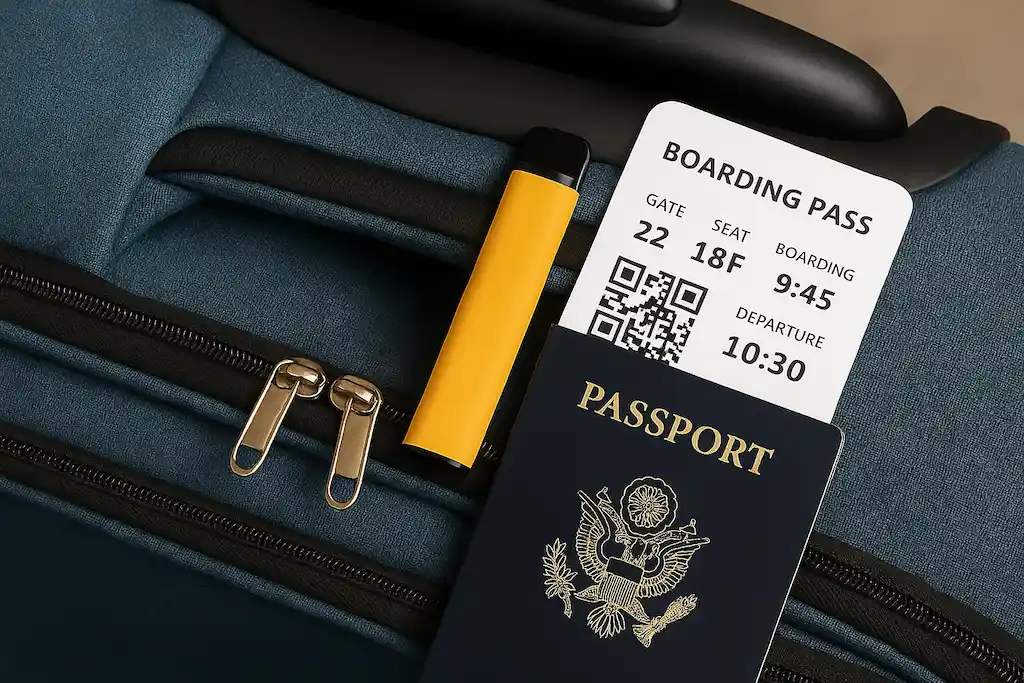 Can You Bring Vape Juice on a Plane? TSA Rules & Travel Tips for 2025 4 Can you bring a disposable vape or vape device on a plane – traveler holding vape and passport near luggage at airport