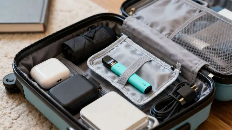 Traveler placing disposable vape in a carry-on tray during airport security screening