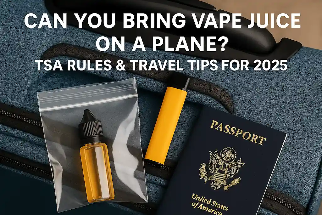 Can You Bring Vape Juice on a Plane? TSA Rules & Travel Tips for 2025 2 Peut-on emporter du jus de vape dans un avion - Règles de la TSA et conseils de voyage pour 2025, voyageur détenant des flacons d'e-liquide et un dispositif de vape à l'aéroport