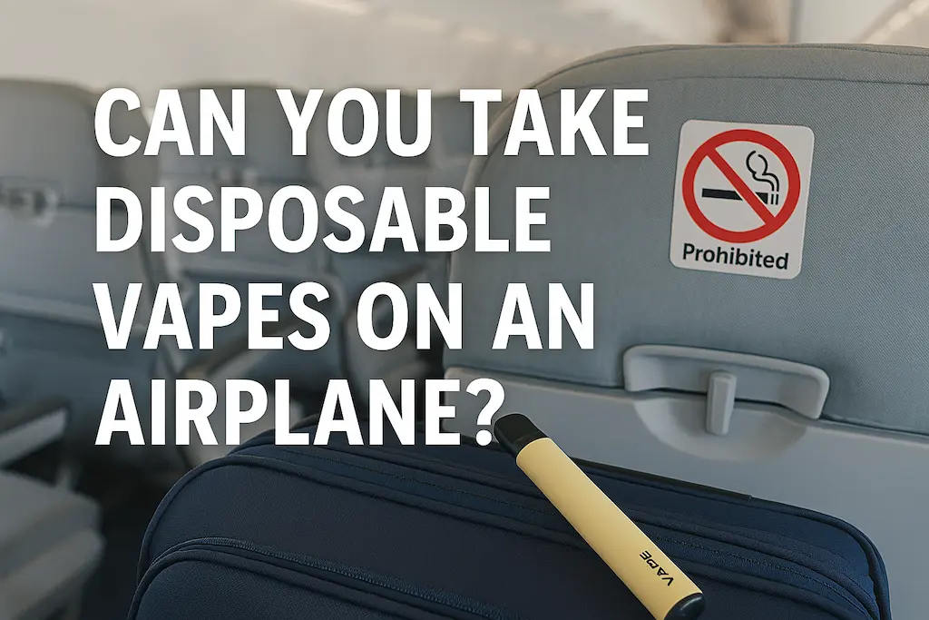 Can You Take Disposable Vapes on an Airplane? 2 Vapeur jetable sur un bagage à l'intérieur d'une cabine d'avion avec un panneau d'interdiction de fumer représentant les règles de voyage en avion pour les vapes.