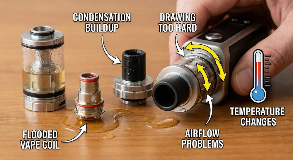 Common reasons a vape leaks including flooded coil and airflow issues