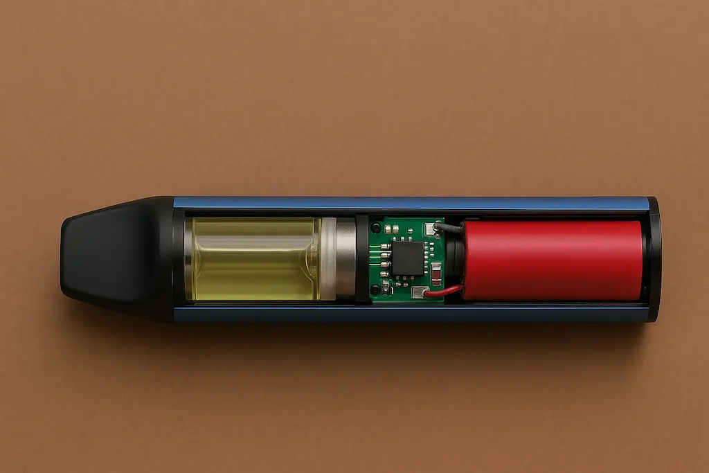 Why the Vape Oil Indicator on Your Disposable Vape Is Not Accurate 3 Inside a disposable vape showing its battery, circuit board, and puff timer chip — revealing that most vape oil indicators are fake countdowns, not real sensors.