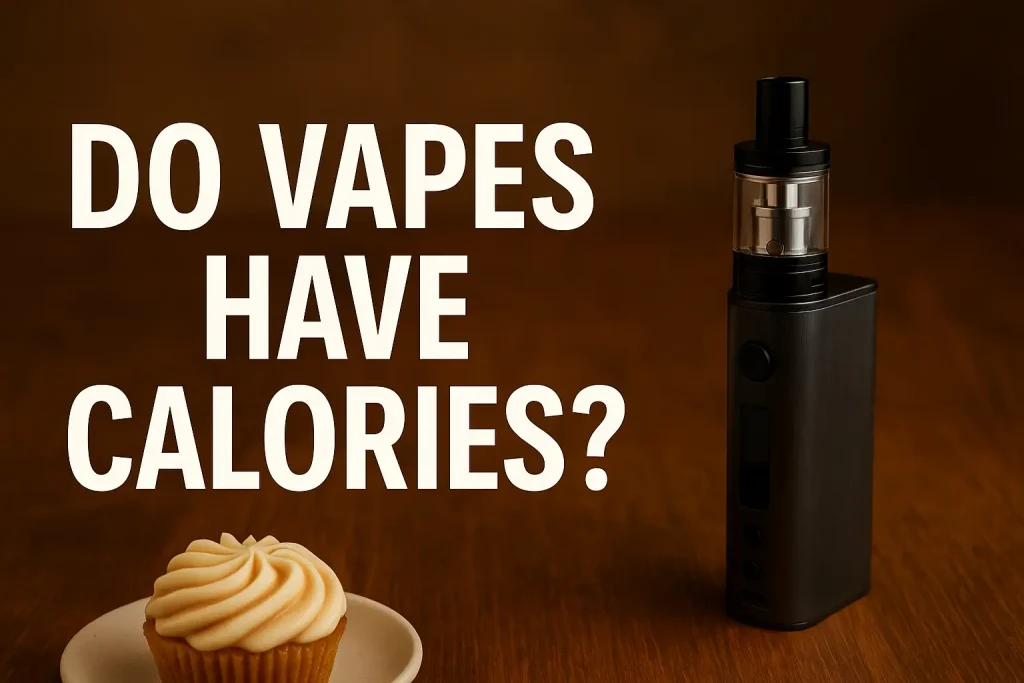 Do Vapes Have Calories? The Real Facts Explained Simply 2 Photo réaliste montrant un dispositif de vaporisation à côté d'un cupcake sur une table en bois, représentant le sujet "Les vapes ont-elles des calories ?" dans une composition chaleureuse et équilibrée.