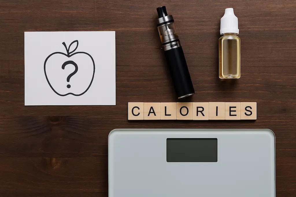 Do Vapes Have Calories? The Real Facts Explained Simply 4 Realistic image showing a vape device placed beside a large digital bathroom scale and fruit bowl, representing the link between vaping and body weight.