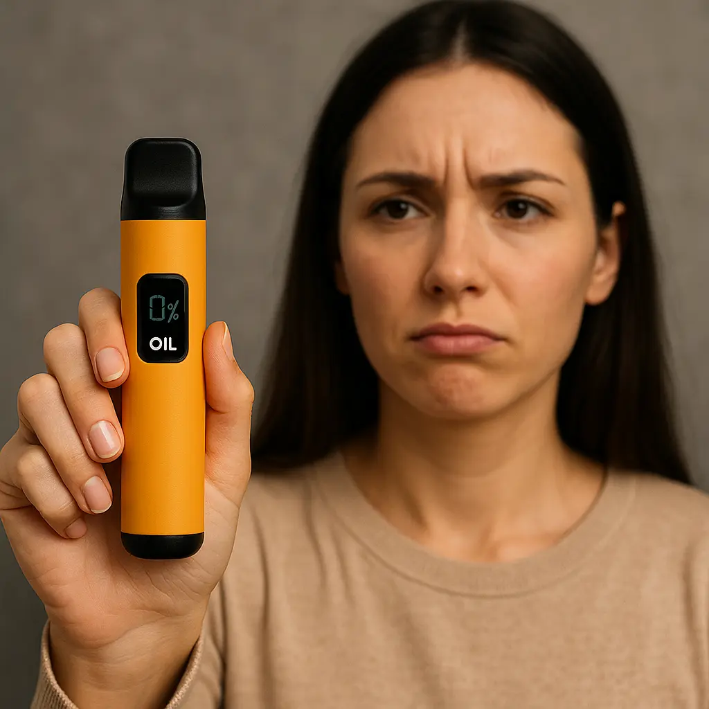 Why the Vape Oil Indicator on Your Disposable Vape Is Not Accurate 4 A confused vape user noticing that the device shows 0% oil but still produces vapor, symbolizing fake puff counters and misleading oil indicators in disposable vapes.
