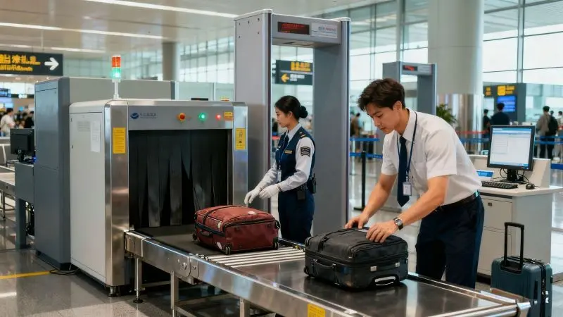 Airport security metal detector scanning area with blurred officer and passenger