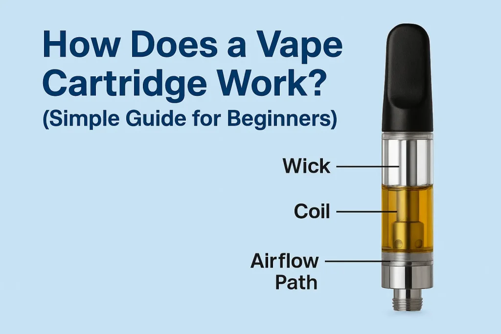 Disassembled vape cartridge showing coil, wick, tank, and airflow path