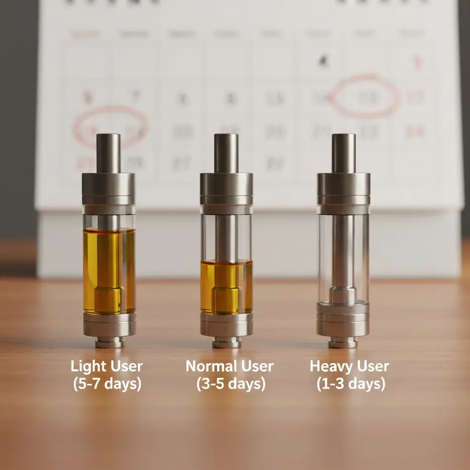 Vape cartridge with varying liquid levels showing usage stages