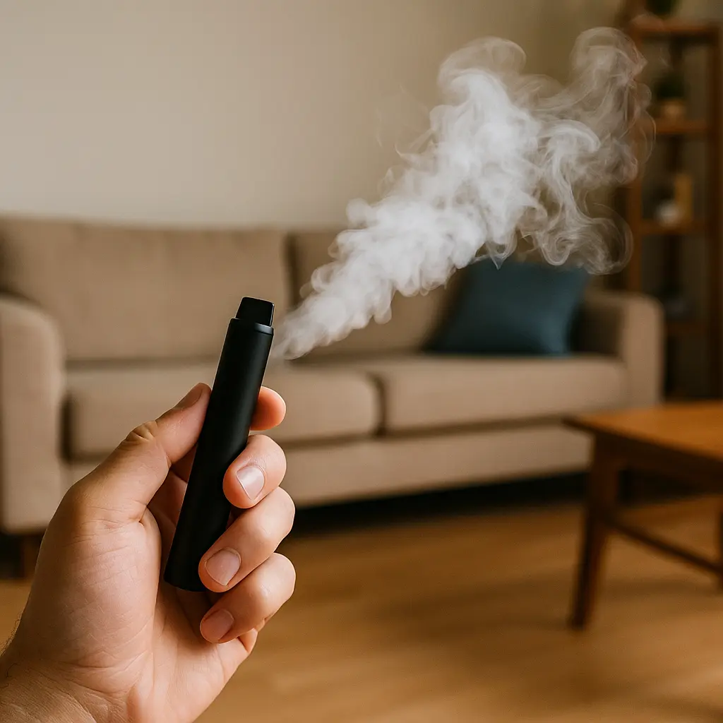 Can You Smell Vapes Indoors? (Complete Practical Guide) 3 A hand holding a black vape device releasing vapor in a bright living room, showing how long vape smell lasts indoors.