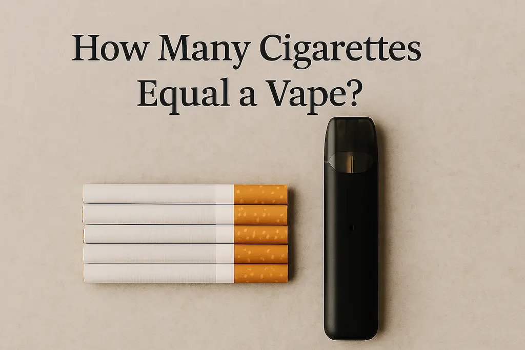 How Many Cigarettes Equal a Vape? The Complete Vape-to-Cigarette Comparison 2 Realistic image comparing disposable vape and cigarettes on a neutral background – visual concept for how many cigarettes equal a vape.