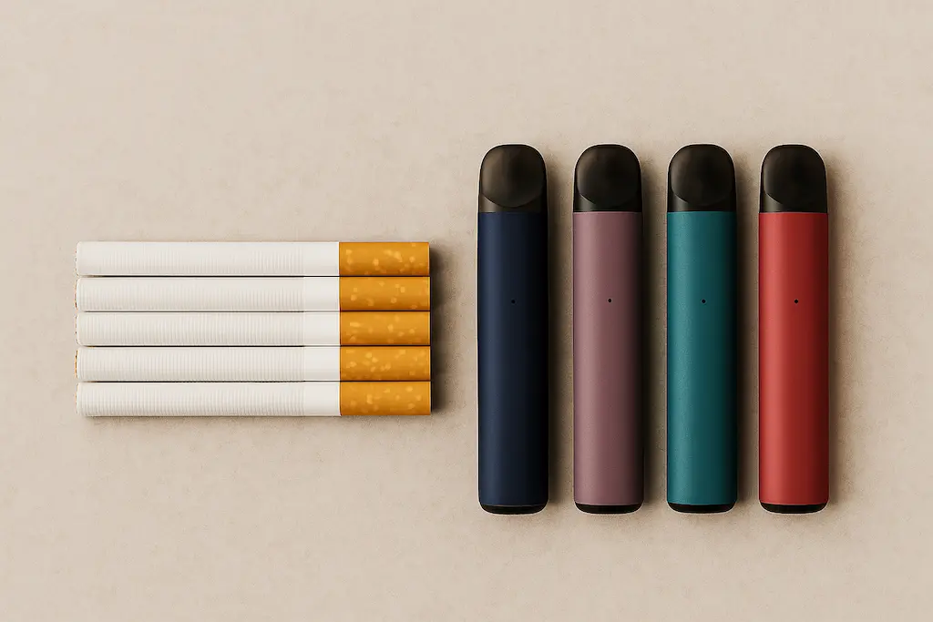 How Many Cigarettes Equal a Vape? The Complete Vape-to-Cigarette Comparison 3 Realistic photo comparing cigarettes and a disposable vape side by side on neutral background – nicotine content comparison.