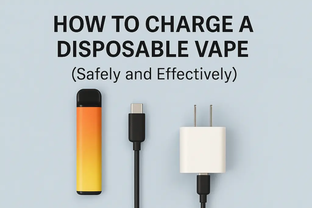 How to Charge a Disposable Vape (Safely and Effectively) 2 A realistic setup showing a disposable vape connected with a USB Type-C cable plugged into a wall adapter on a clean desk, demonstrating safe charging.