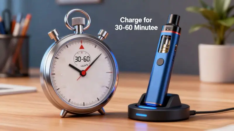 How to Charge a Disposable Vape (Safely and Effectively) 3 A realistic setup showing a disposable vape connected with a USB Type-C cable plugged into a wall adapter on a clean desk, demonstrating safe charging.