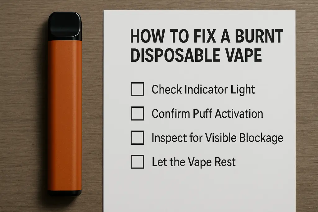 How to Fix a Disposable Vapes That Won‘t burnt 2 Realistic disposable vape placed beside troubleshooting checklist on wooden table