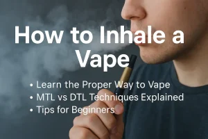 Learn how to inhale a vape properly with a disposable vape device and visible vapor cloud, beginner vaping guide image.