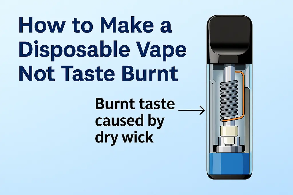 Illustration showing how a dry wick causes a burnt taste in disposable vape