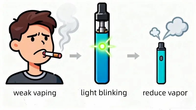 How Long Should a Disposable Vape Last You? 3 A disposable vape showing weak vapor and blinking light, illustrating early signs it’s about to run out of power or e-liquid.