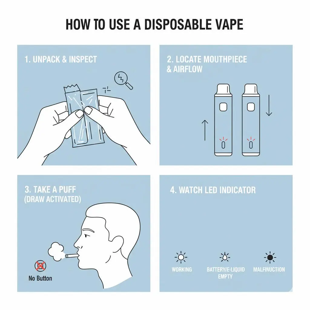 Step-by-step instructions showing how to use a disposable vape correctly