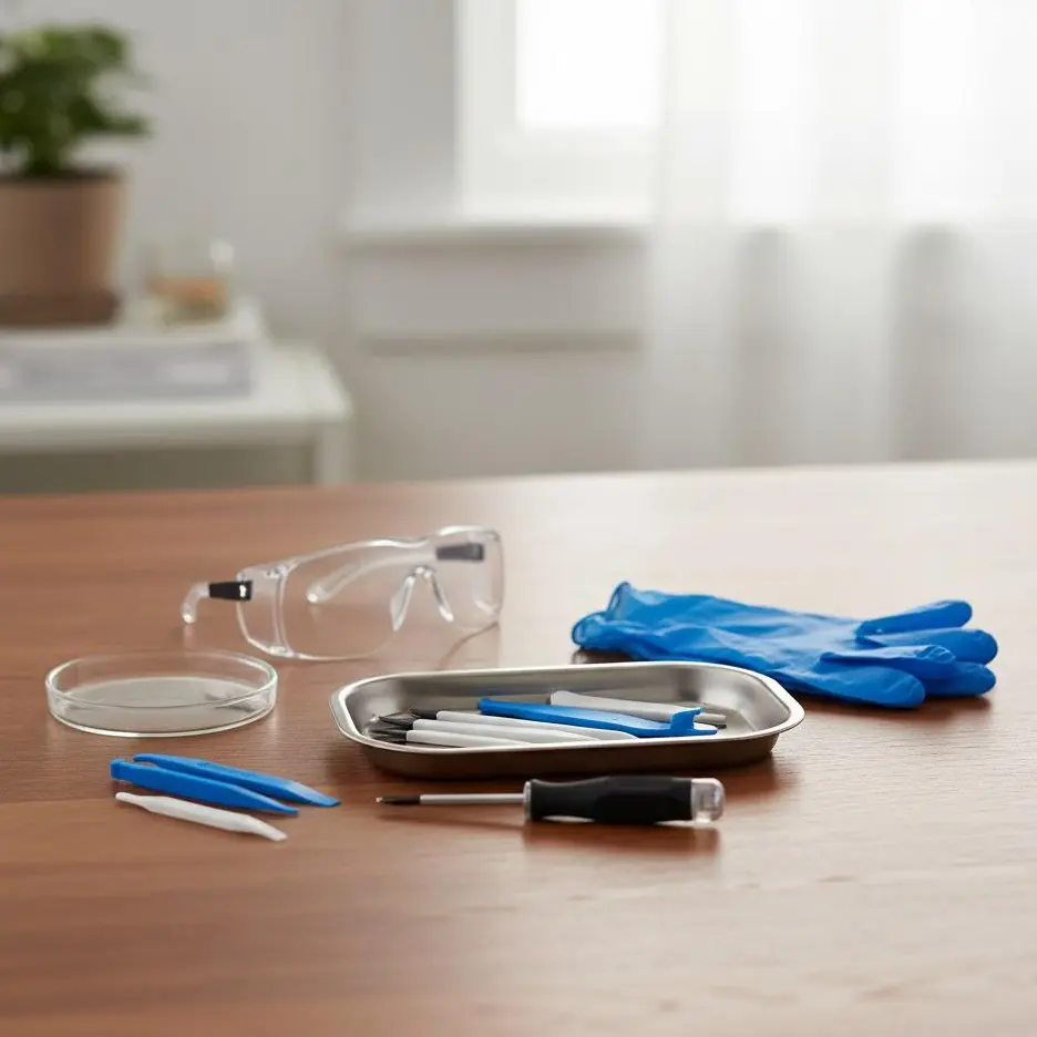 Flat lay of essential tools for safe disposable vape disassembly: flathead screwdriver, plastic pry tool, safety gloves, eye protection, metal tray, small part container