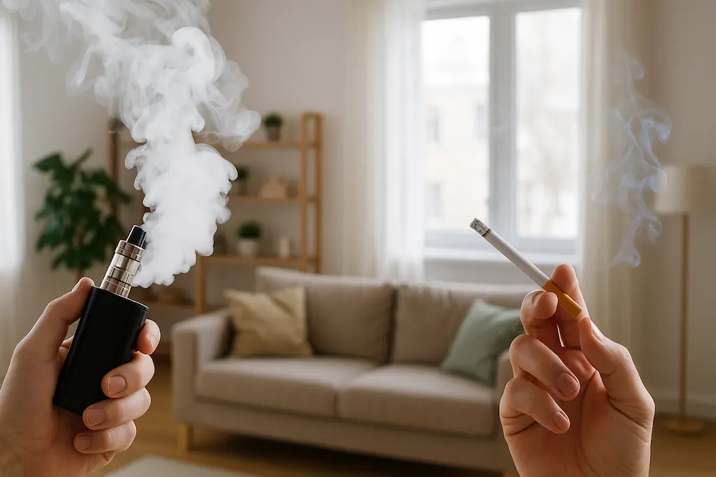 Can You Smell Vapes Indoors? (Complete Practical Guide) 4 A comparison image showing a vape releasing white vapor and a cigarette producing gray smoke in a bright living room, illustrating the difference between vape and cigarette smell.