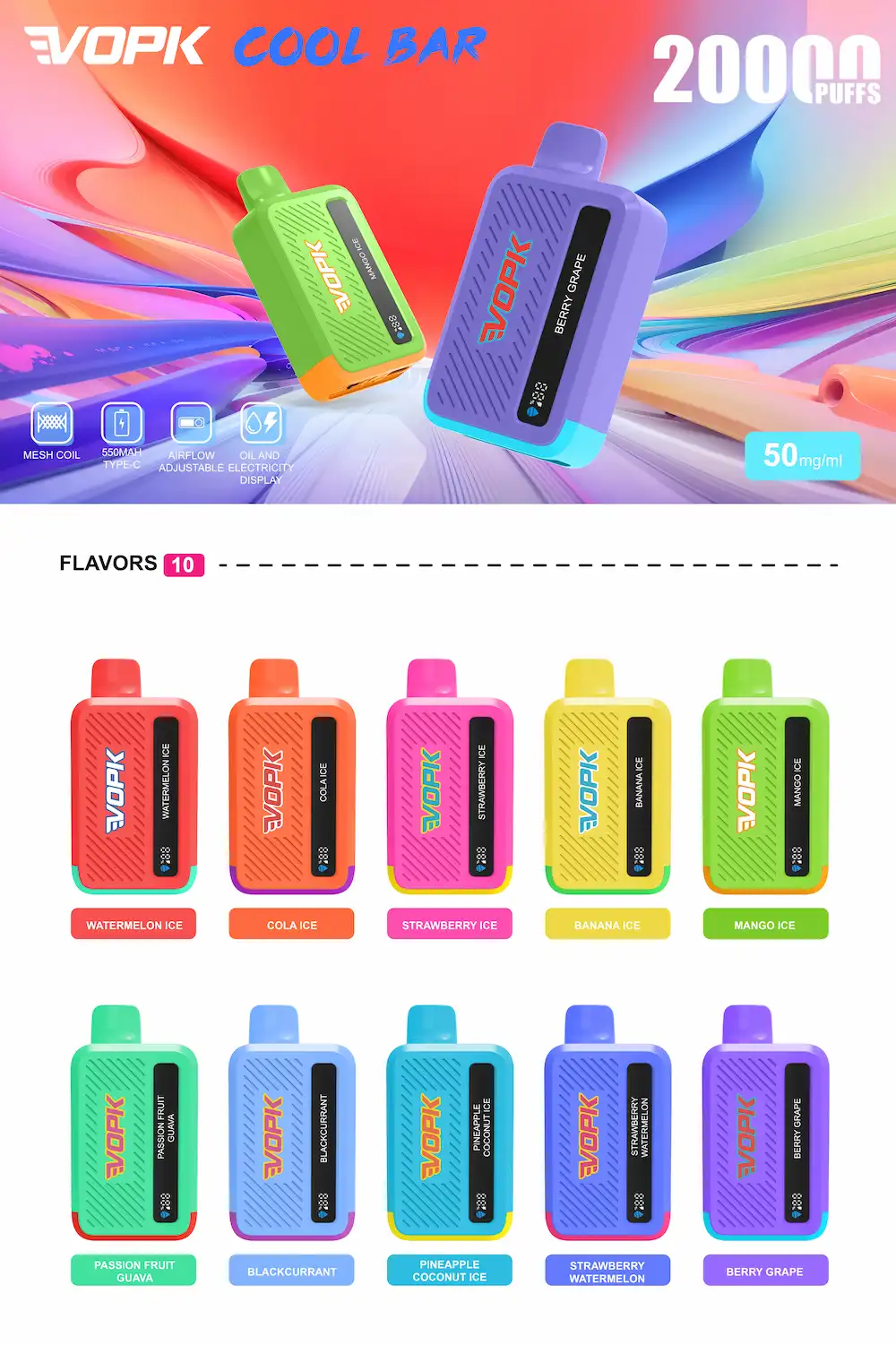 VOPK Cool Bar 20000 20K Puffs 5% Nicotine Vape 12 VOPK Cool Bar 20000 puffs disposable vape full flavor collection
