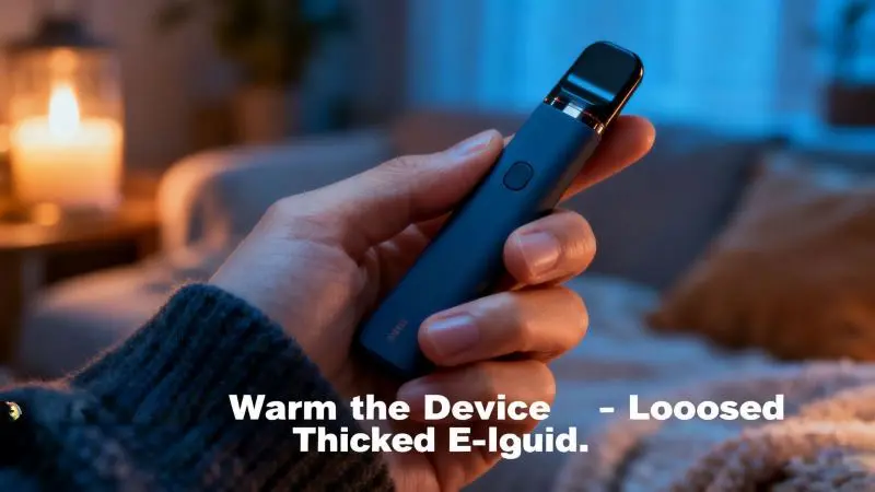 A disposable vape being gently warmed by hand near a low heat source to loosen thickened e-liquid, safe method without flame.