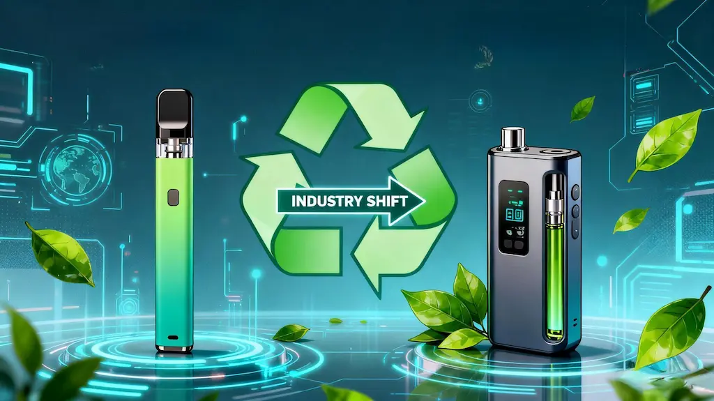 Rechargeable and refillable vape devices beside eco-friendly icons, showing the market shift toward sustainability and compliance