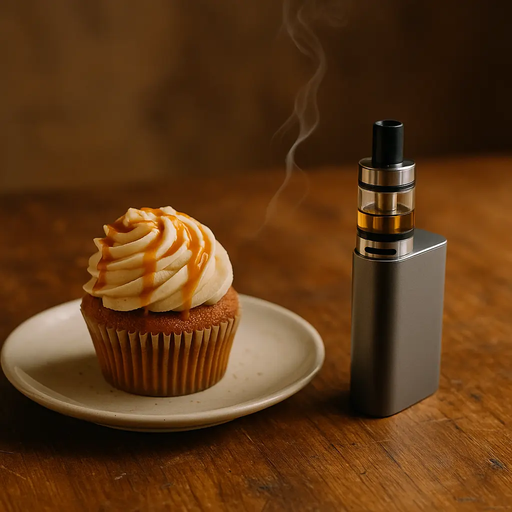 Do Vapes Have Calories? The Real Facts Explained Simply 3 Realistic image showing a vape device beside a cupcake, symbolizing the misconception that vaping has calories.