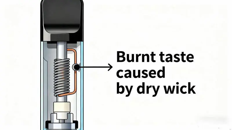 Illustration of a disposable vape coil showing burnt taste caused by dry wick