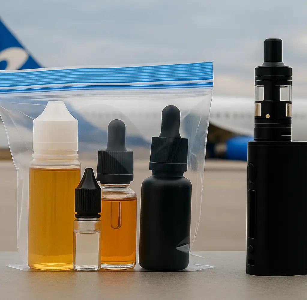 Can You Bring Vape Juice on a Plane? TSA Rules & Travel Tips for 2025 3 Why you can bring vape juice on a plane but with limits – e-liquid bottles in clear TSA plastic bag with vape device at airport