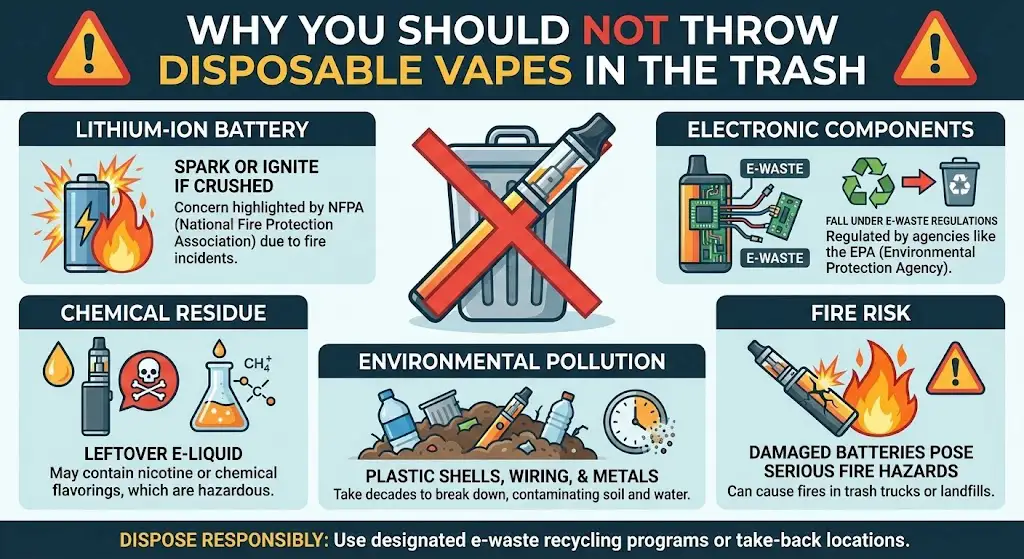 Reasons disposable vapes cannot go into regular trash due to battery and e-waste risks