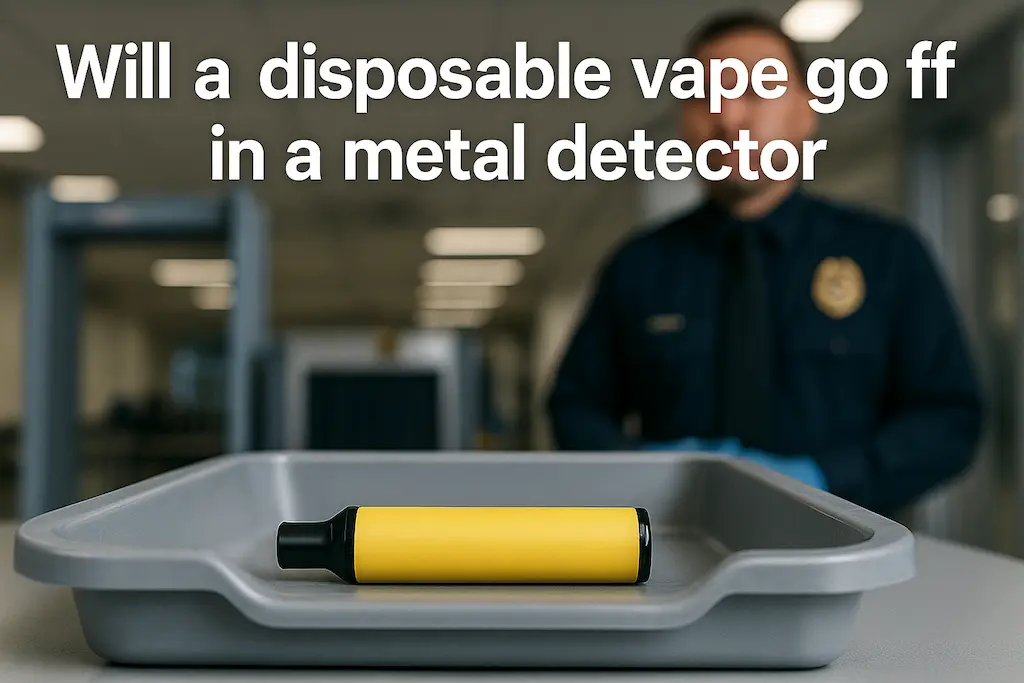 Disposable vape in airport security tray with title Will a Disposable Vape Go Off in a Metal Detector