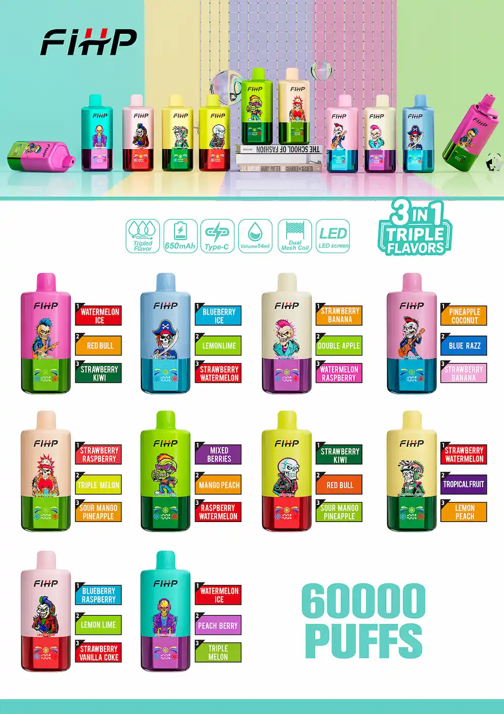 FIHP 60000 60K Puffs 3-i-1 Triple Flavor Vape 12 FIHP 60000 3-i-1 engangs vape tredobbelte smagskombinationer