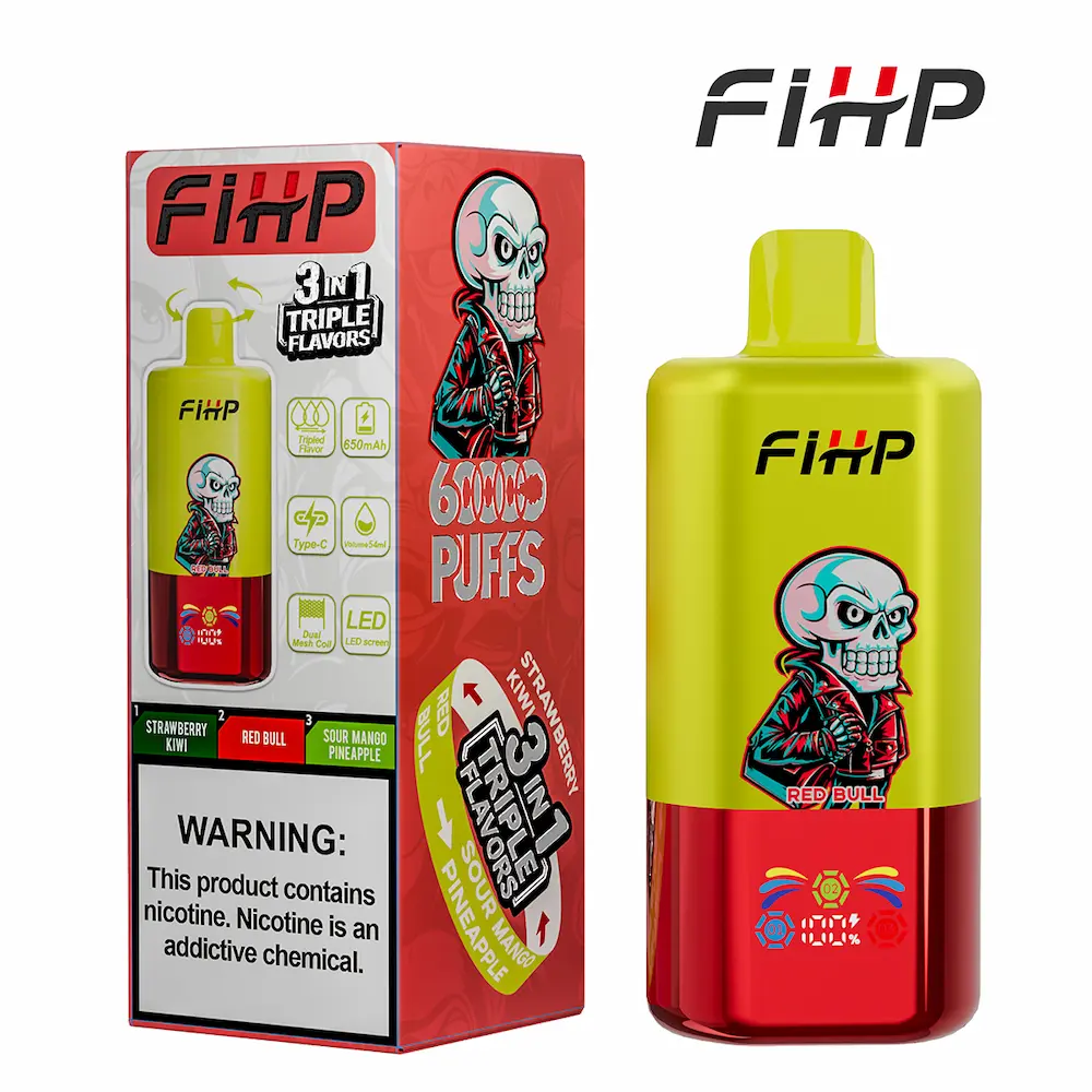FIHP 60000 60K Puffs 3-i-1 Triple Flavor Vape 7 FIHP 60000 3-i-1 engangs vape Jordbær Kiwi Sur Mango Ananas Red Bull