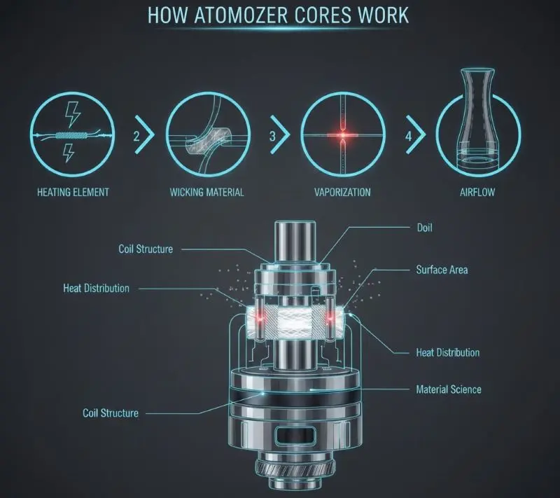 Complete Expert Guide: Types of Atomizer Cores for Electronic Cigarettes 3 How atomizer cores heat and wick e-liquid inside electronic cigarettes