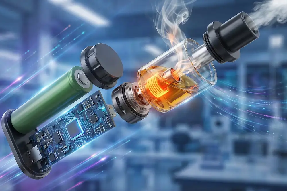 Beginner guide showing how an electronic cigarette creates vapor through heating e-liquid