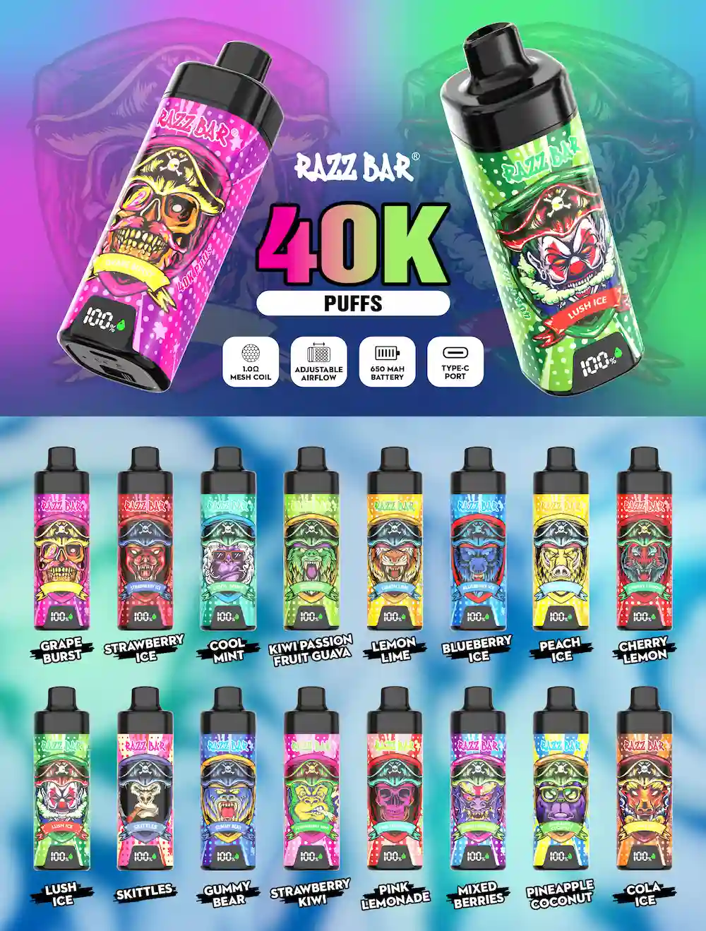 Razz Bar 40000 puffs disposable vape flavor collection with multiple options