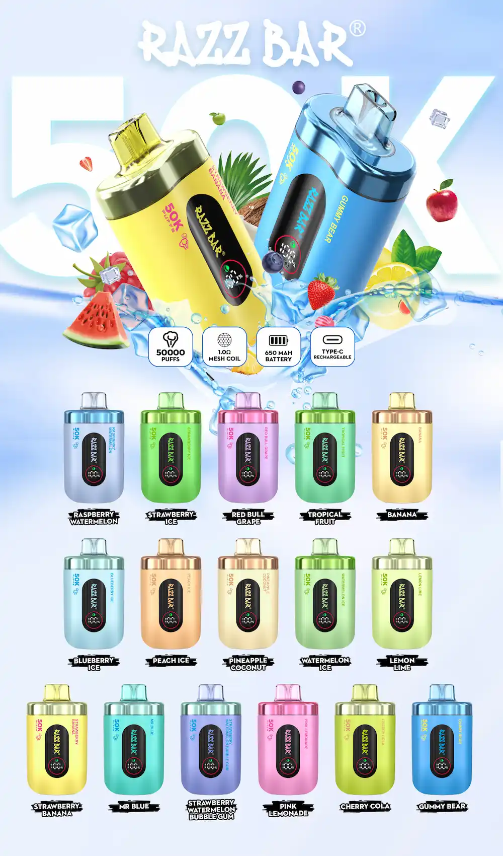 RAZZ BAR 50000 (50K) Puffs Disposable Vape 13 RAZZ BAR 50000 puffs disposable vape flavor collection