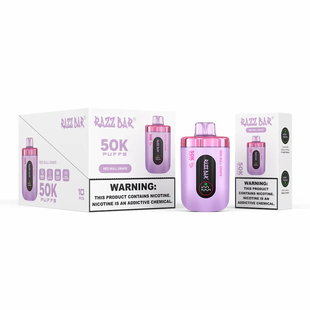 RAZZ BAR 50000 (50K) Puffs Disposable Vape 10 RAZZ BAR 50000 puffs disposable vape – Red Bull Grape flavor