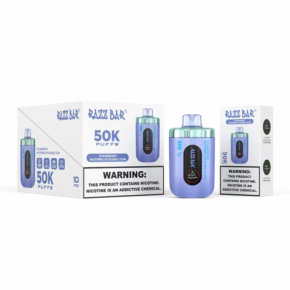 RAZZ BAR 50000 (50K) Puffs Disposable Vape 8 RAZZ BAR 50000 puffs disposable vape – Strawberry Watermelon Bubble Gum flavor