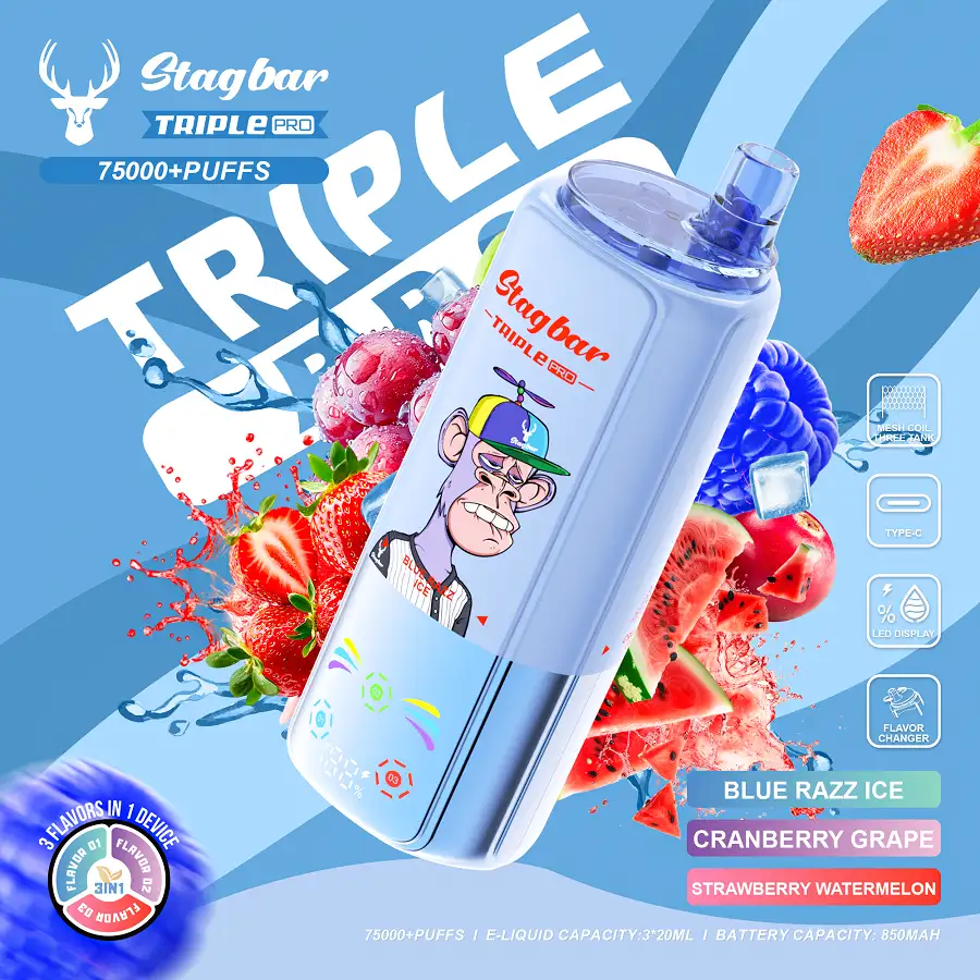 Stag Bar Triple Pro 75000 75K Puffs 3-in-1 Vape 3 Stag Bar Triple Pro 75K vape som visar Blue Razz Ice, Cranberry Grape och Strawberry Watermelon smaker.