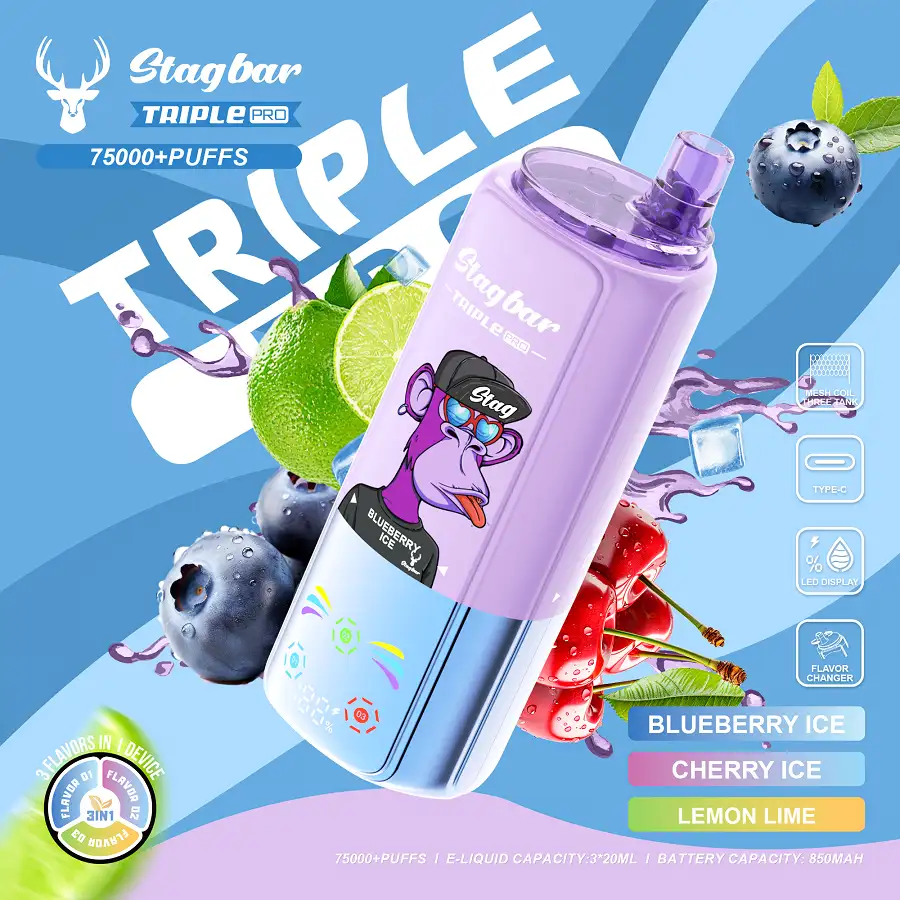 Stag Bar Triple Pro 75000 75K Puffs 3-in-1 Vape 6 Stag Bar Triple Pro 75K engångsvape med smakerna Blueberry Ice, Cherry Ice och Lemon Lime.