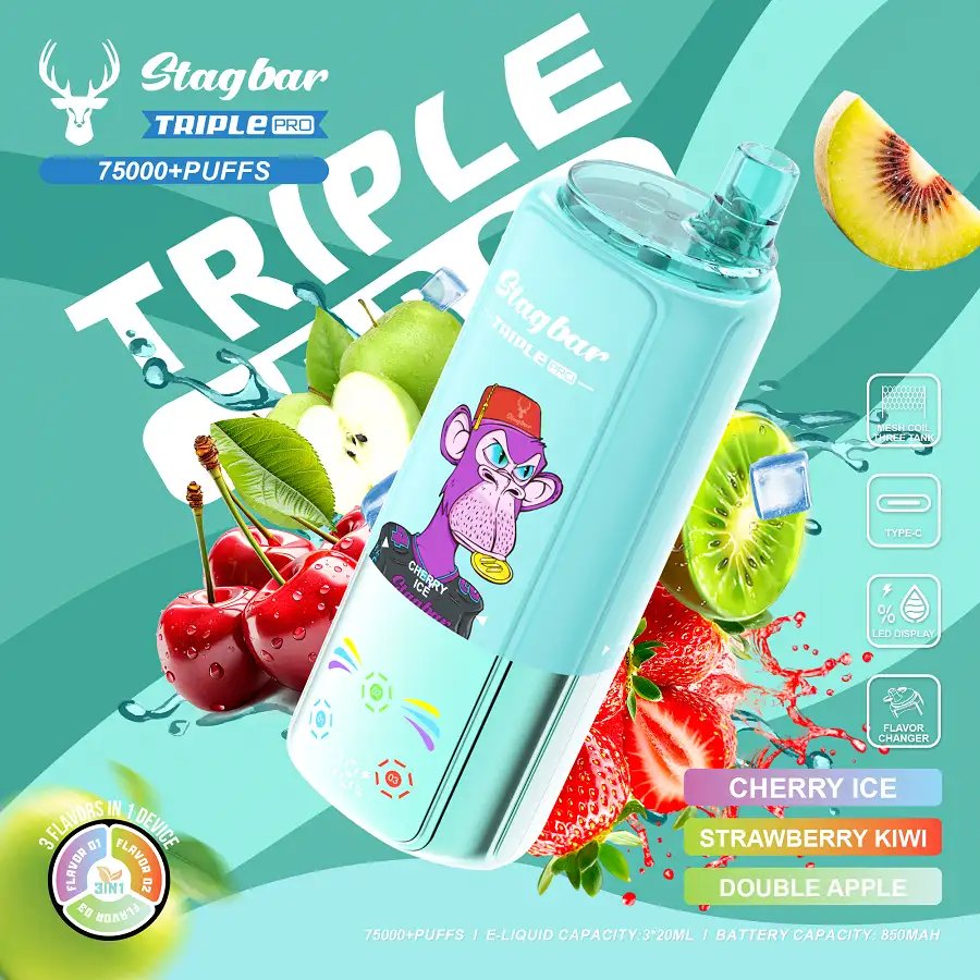 Stag Bar Triple Pro 75000 75K Puffs 3-in-1 Vape 8 Stag Bar Triple Pro 75K engångsvape som visar smakerna Cherry Ice, Strawberry Kiwi och Double Apple.