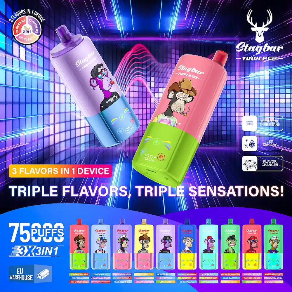 Stag Bar Triple Pro 75K vape full flavor collection with ten triple-flavor combinations for users who like variety.