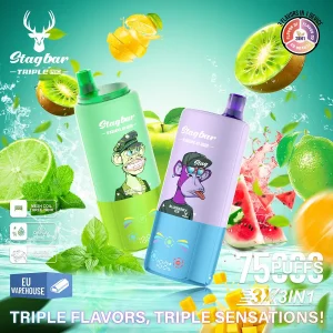 Stag Bar Triple Pro 75K è una sigaretta monouso che mostra il design 3-in-1 a triplo gusto con display a LED e ricarica Type-C.