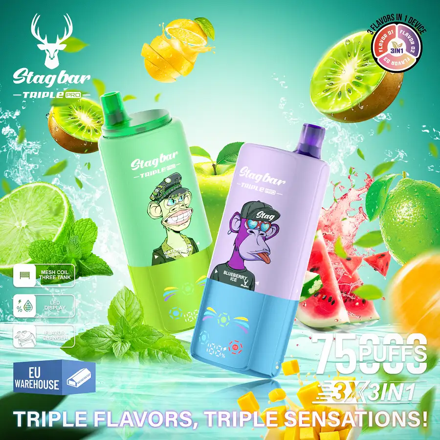 Stag Bar Triple Pro 75000 75K Puffs 3-in-1 Vape 1 Stag Bar Triple Pro 75K engångsvape visar 3-i-1 design med tre smaker, LED-display och Type-C-laddning.