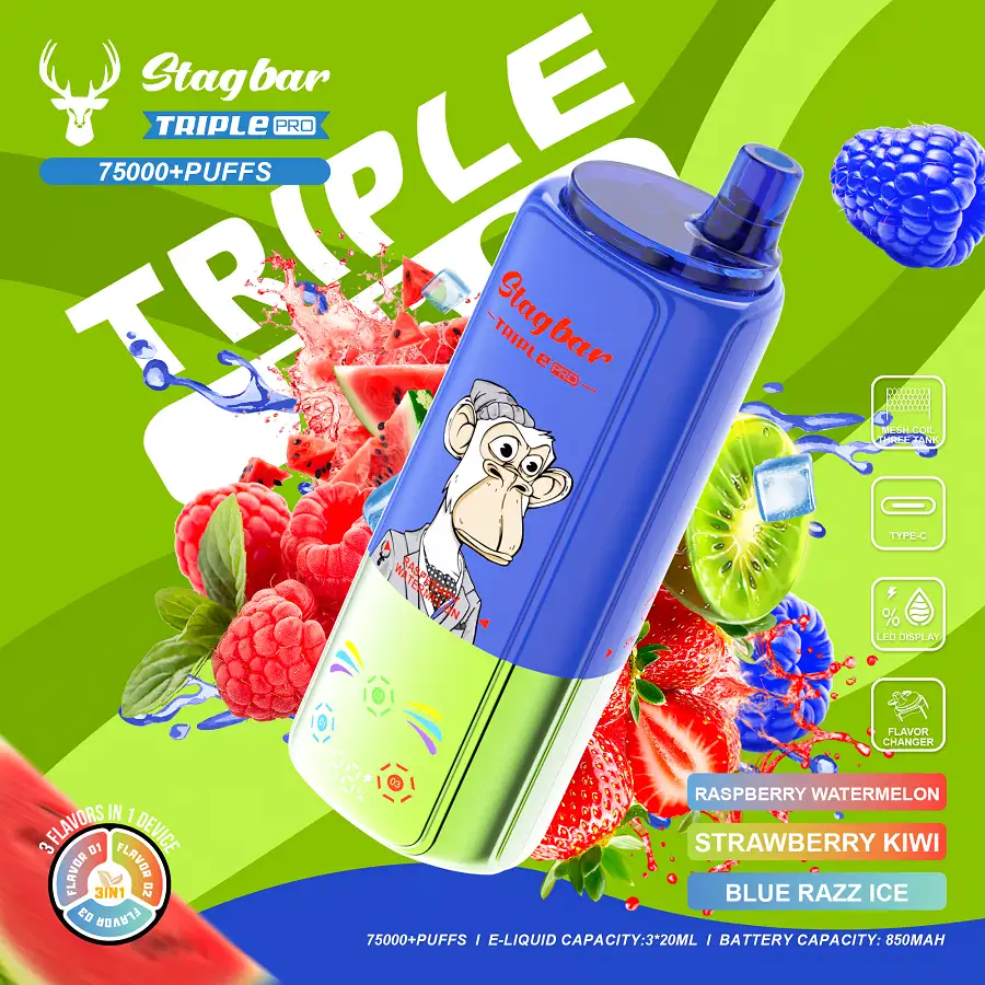 Stag Bar Triple Pro 75000 75K Puffs 3-in-1 Vape 7 Stag Bar Triple Pro 75K vape med smakerna Raspberry Watermelon, Strawberry Kiwi och Blue Razz Ice.