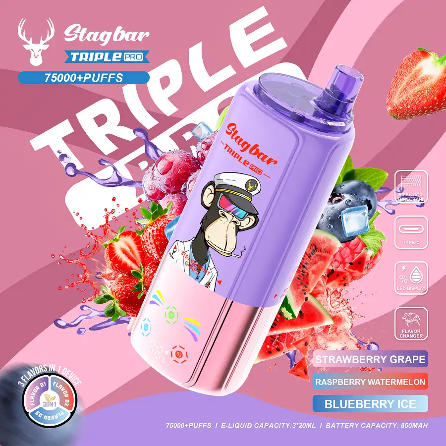 Stag Bar Triple Pro 75000 75K Puffs 3-in-1 Vape 4 Stag Bar Triple Pro 75K-enhet med smakerna Strawberry Grape, Raspberry Watermelon och Blueberry Ice.