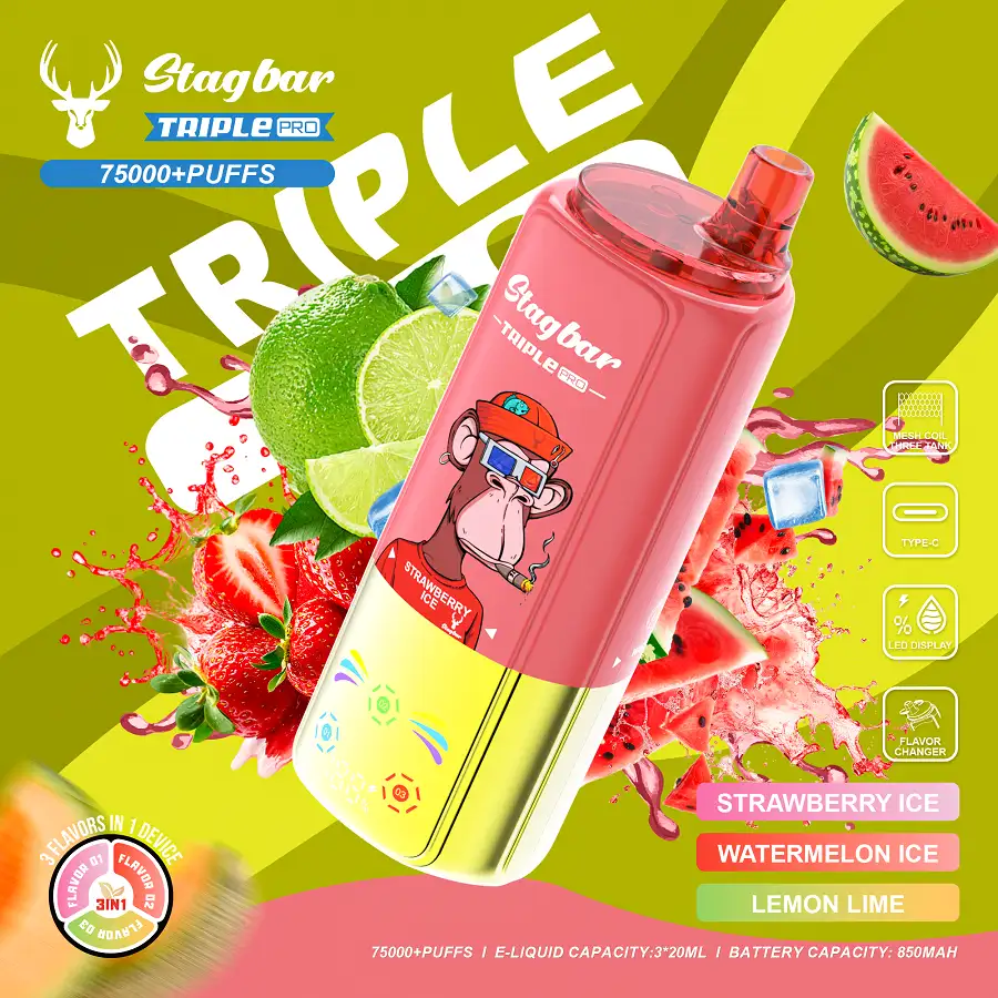Stag Bar Triple Pro 75000 75K Puffs 3-in-1 Vape 10 Stag Bar Triple Pro 75K engångsvape med smakerna Strawberry Ice, Watermelon Ice och Lemon Lime.